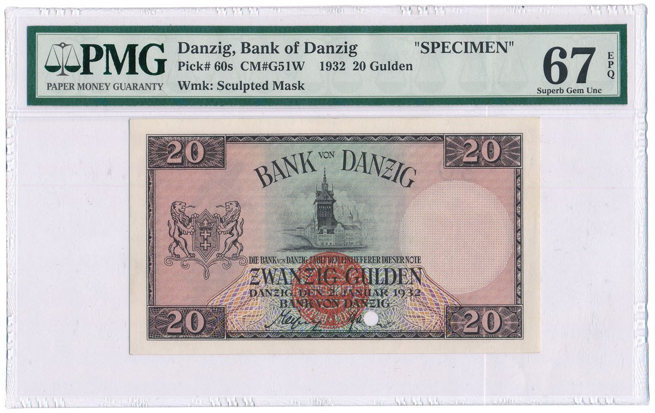 Wolne Miasto Gdańsk. WZÓR SPECIMEN 20 guldenów 1932 PMG 67 EPQ (MAX)  UNIKAT